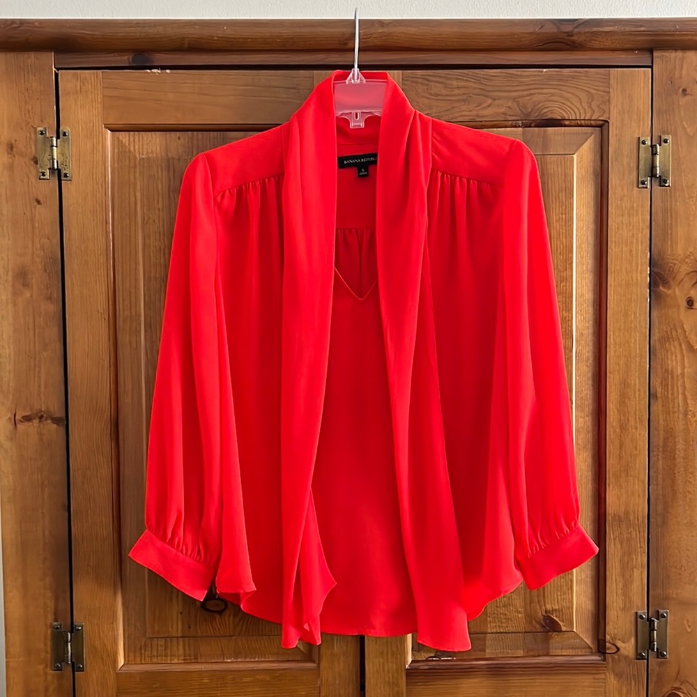 Banana Republic red tie, front blouse, size small